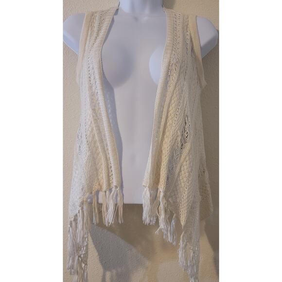 2 Hip By Wrapper Cream Crochet Open Front Knit Cardigan Sweater XL Fringed Boho - Picture 1 of 5